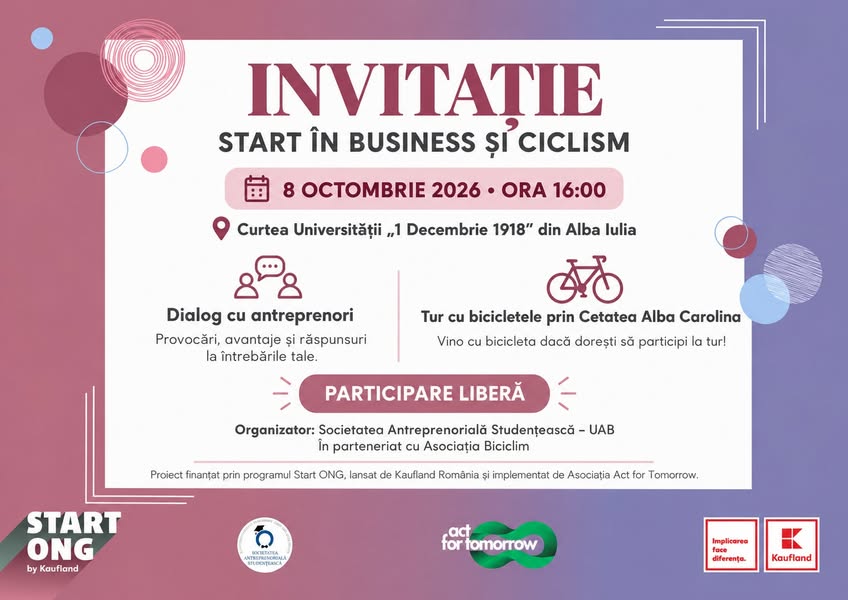 Afișul organizatorilor: Start în Business și Ciclism, 8 octombrie 2026, ora 16:00, curtea UAB. Organizator SAS UAB, în parteneriat cu Asociația Biciclim.