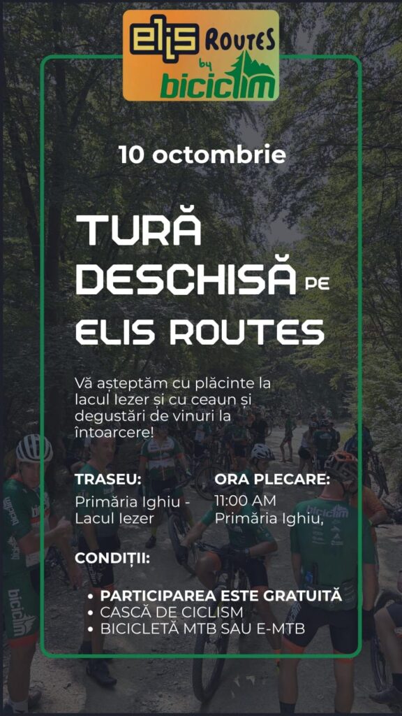 Afiș Elis Routes by biciclim: tură gratuită pe 10 octombrie, ora 11:00, Primăria Ighiu – Lacul Iezer. Cască de ciclism și bicicletă MTB sau E-MTB.